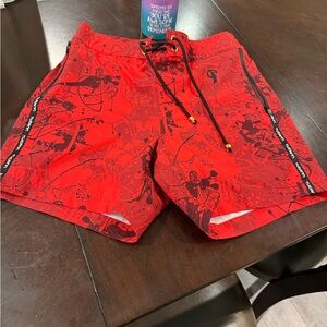 Tucann 5” red splatter swim trunks size small